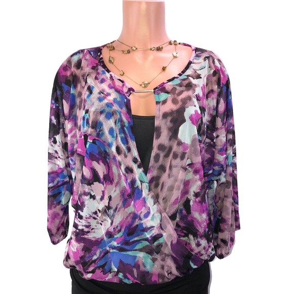 JLO Tops - JLO Jennifer Lopez Womens Size Large Print Cut Out 3/4 Sleeve Top Shirt NWOT
